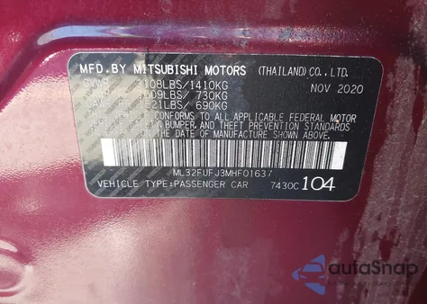 2021 Mitsubishi Mirage G4 Carbonite Edition/Es/Le из США, поврежденный, VIN ML32FUFJ3MHF01637